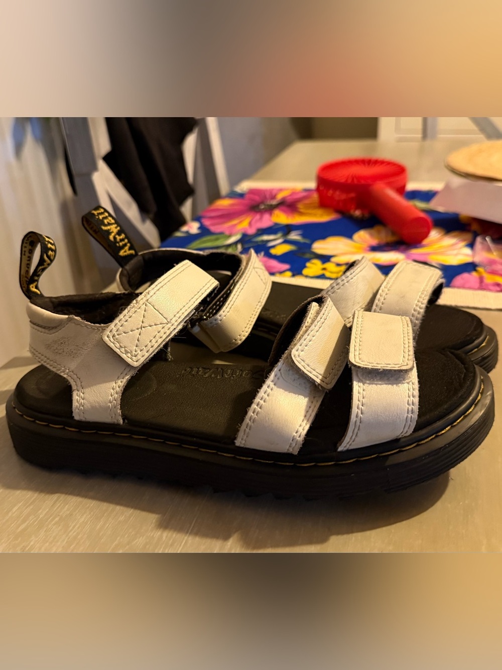 Dr. Martens Klaire Kids White Leather Velcro Sandals with Black Sole Big Girls